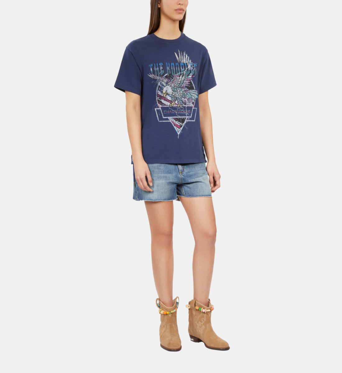 Blue T-Shirt With Lacing And Eagle Serigraphy | Women | Washed Navy