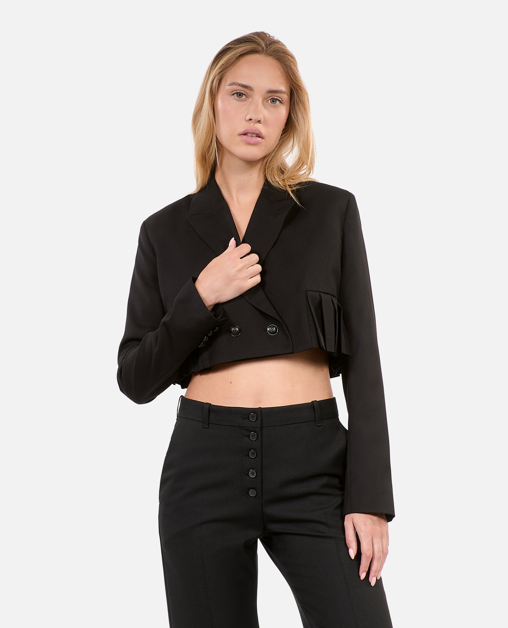 Short Wool-Blend Pleated Jacket | Women | Black