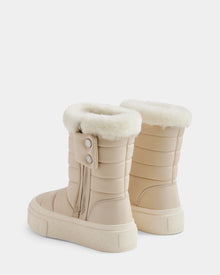 The Rudsak KATHIE - L225516 Vanilla boots are beige quilted women's mid boots with white faux fur lining, side zippers, two decorative buttons, and thick textured rubber soles, shown on a white background.