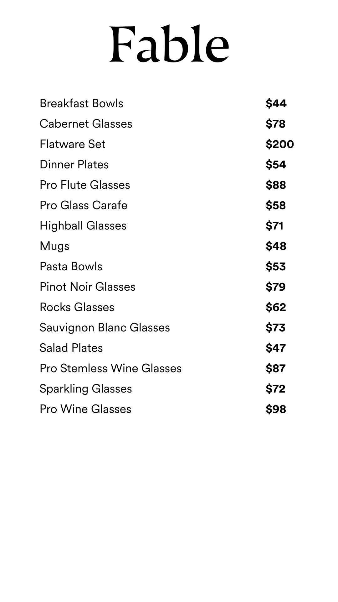 Price table
