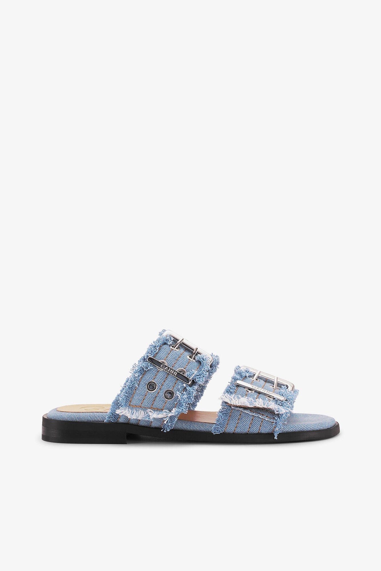 Feminine Buckle Two Strap Sandals in Blue | Faded Denim