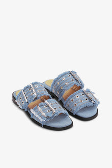 Feminine Buckle Two Strap Sandals in Blue | Faded Denim