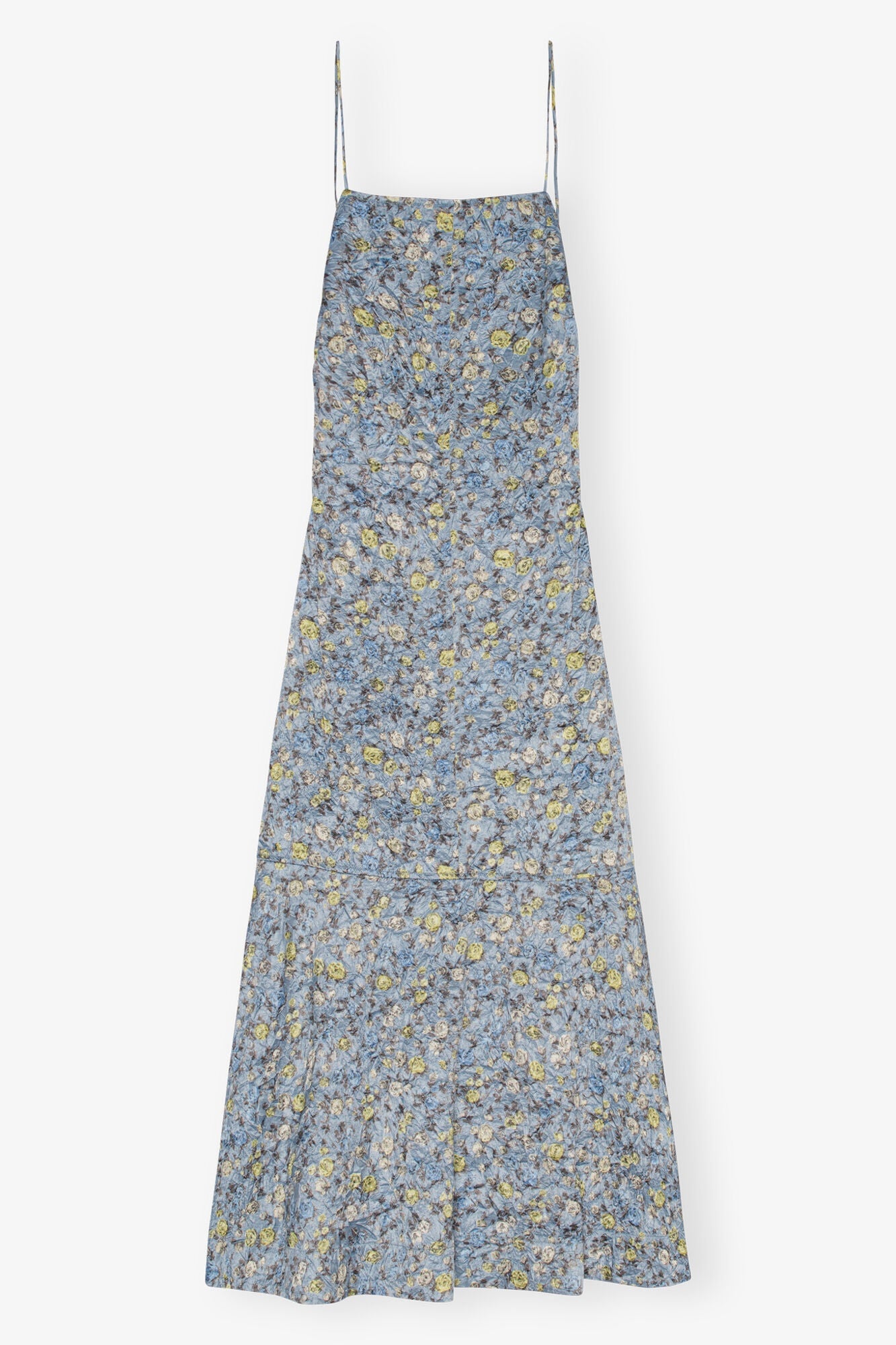 Floral Crinkled Satin Long Dress | Dusty Blue