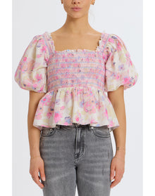 Floral Smocked Puff Shoulder Top | Pastel/Multi