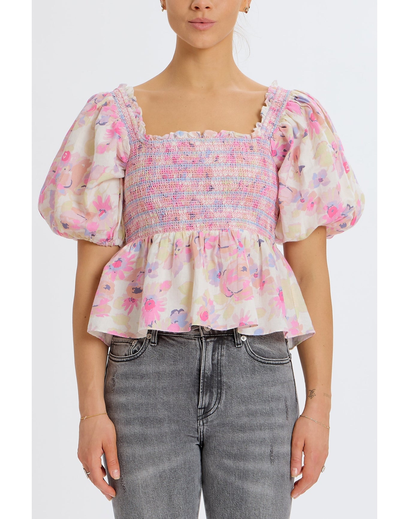Floral Smocked Puff Shoulder Top | Pastel/Multi