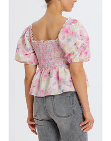 Floral Smocked Puff Shoulder Top | Pastel/Multi