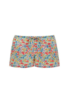 Low-rise drawstring shorts with red, blue, orange, and pink floral print throughout.