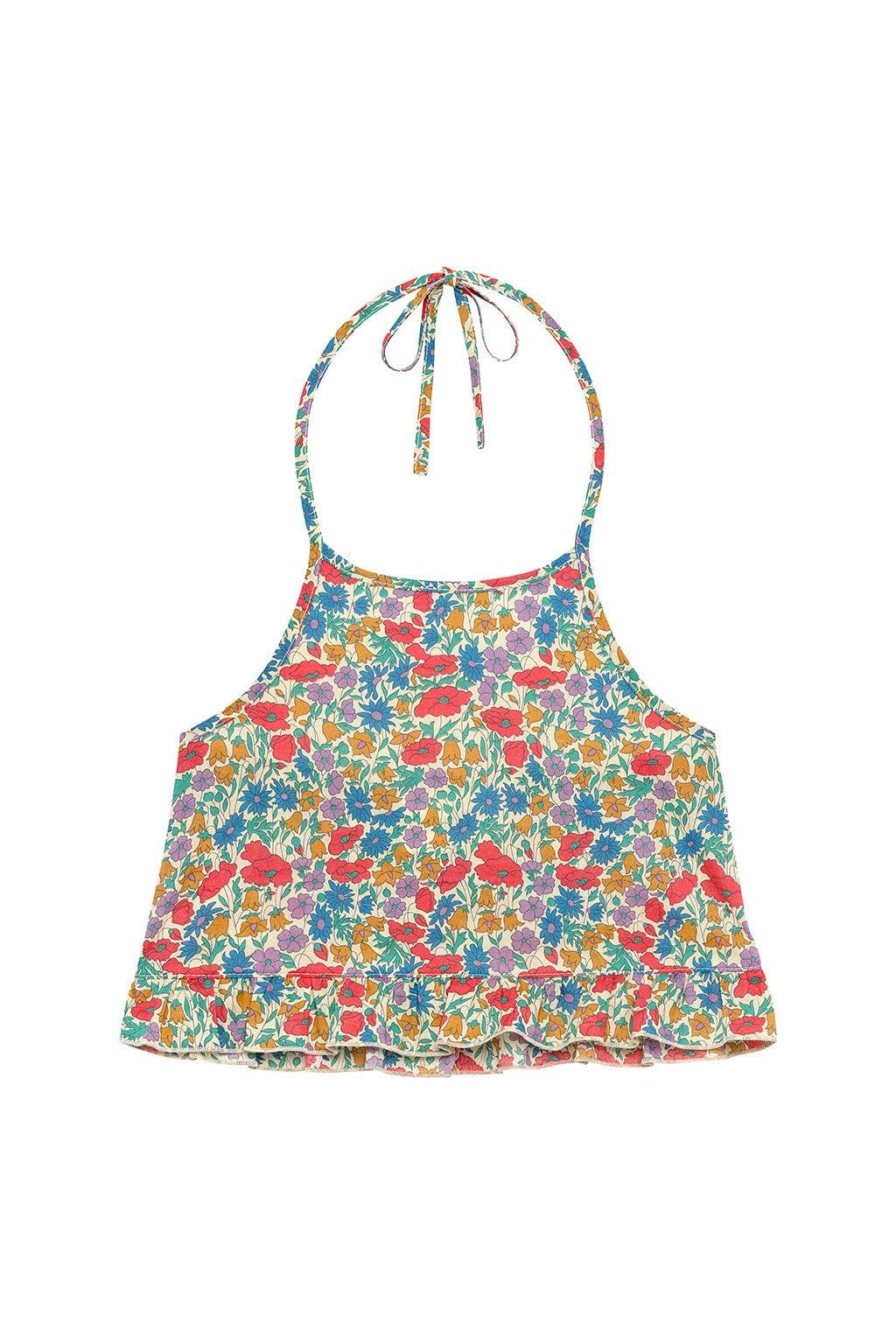 Sleeveless halter top with multicolored floral print featuring red, blue, yellow, and purple flowers on cream background with