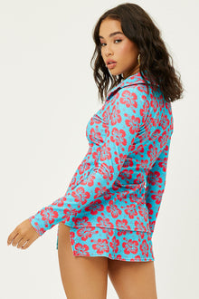 Nova Blue Magic Terry Floral Long Sleeve Button Up