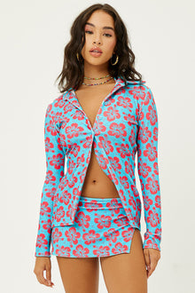 Nova Blue Magic Terry Floral Long Sleeve Button Up