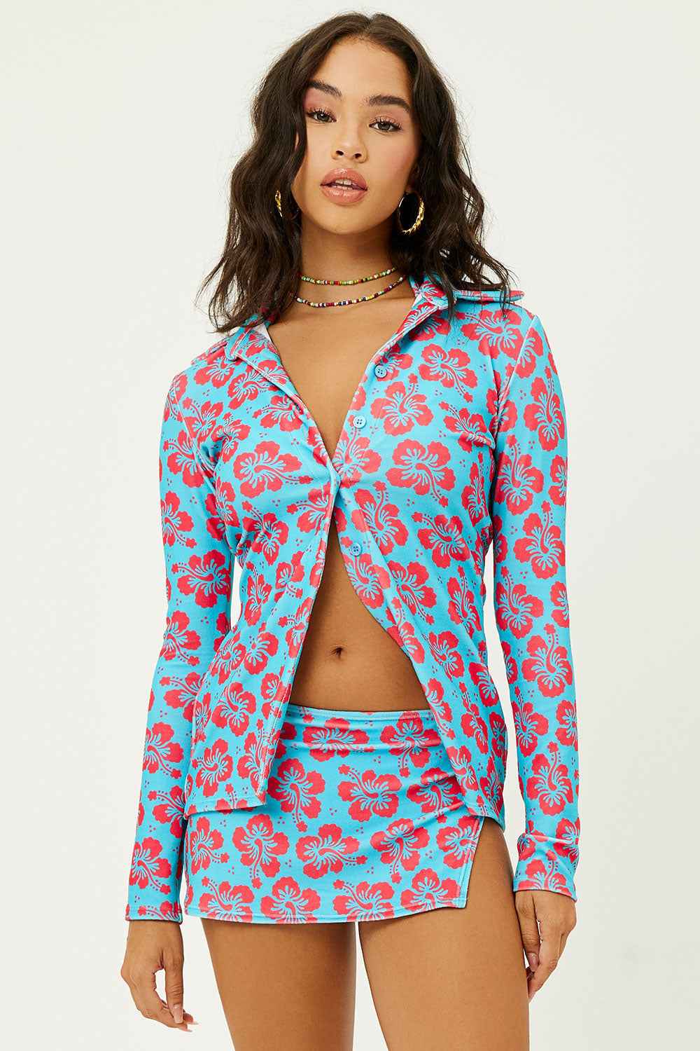 Nova Blue Magic Terry Floral Long Sleeve Button Up