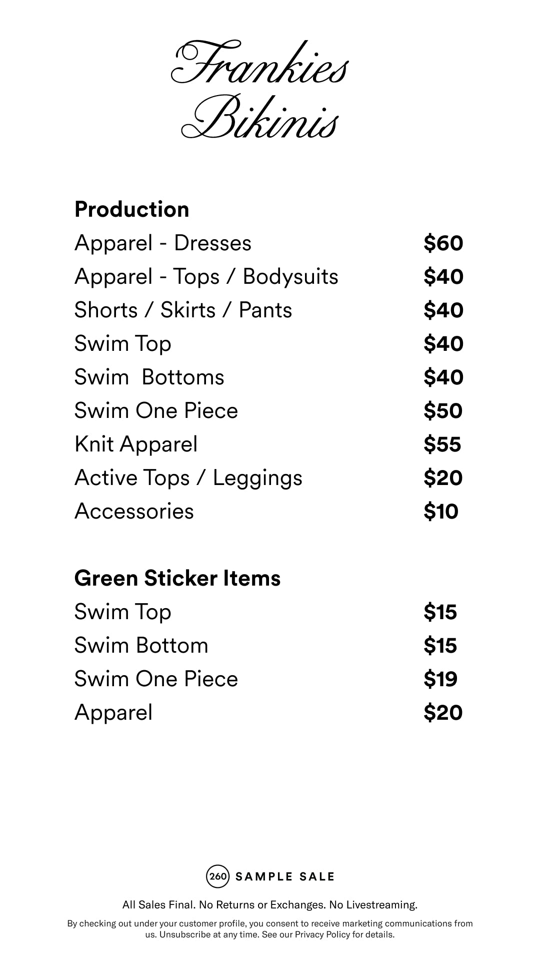 Price table