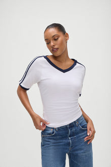 Bodega V Neck White Tee Shirt in White with Deep Navy Blue Trim