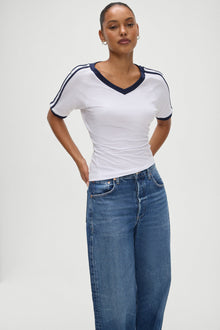 Bodega V Neck White Tee Shirt in White with Deep Navy Blue Trim