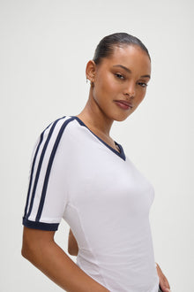 Bodega V Neck White Tee Shirt in White with Deep Navy Blue Trim