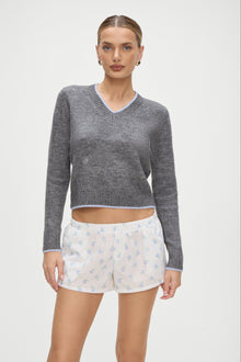 Brentwood Fuzzy V Neck Sweater in Winter Sky Grey
