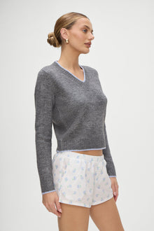 Brentwood Fuzzy V Neck Sweater in Winter Sky Grey