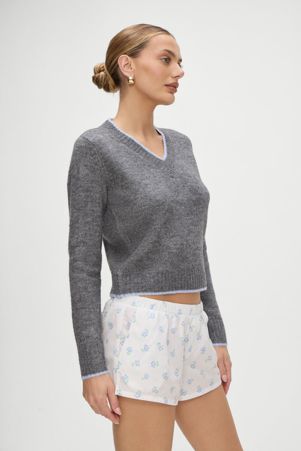 Brentwood Fuzzy V Neck Sweater in Winter Sky Grey