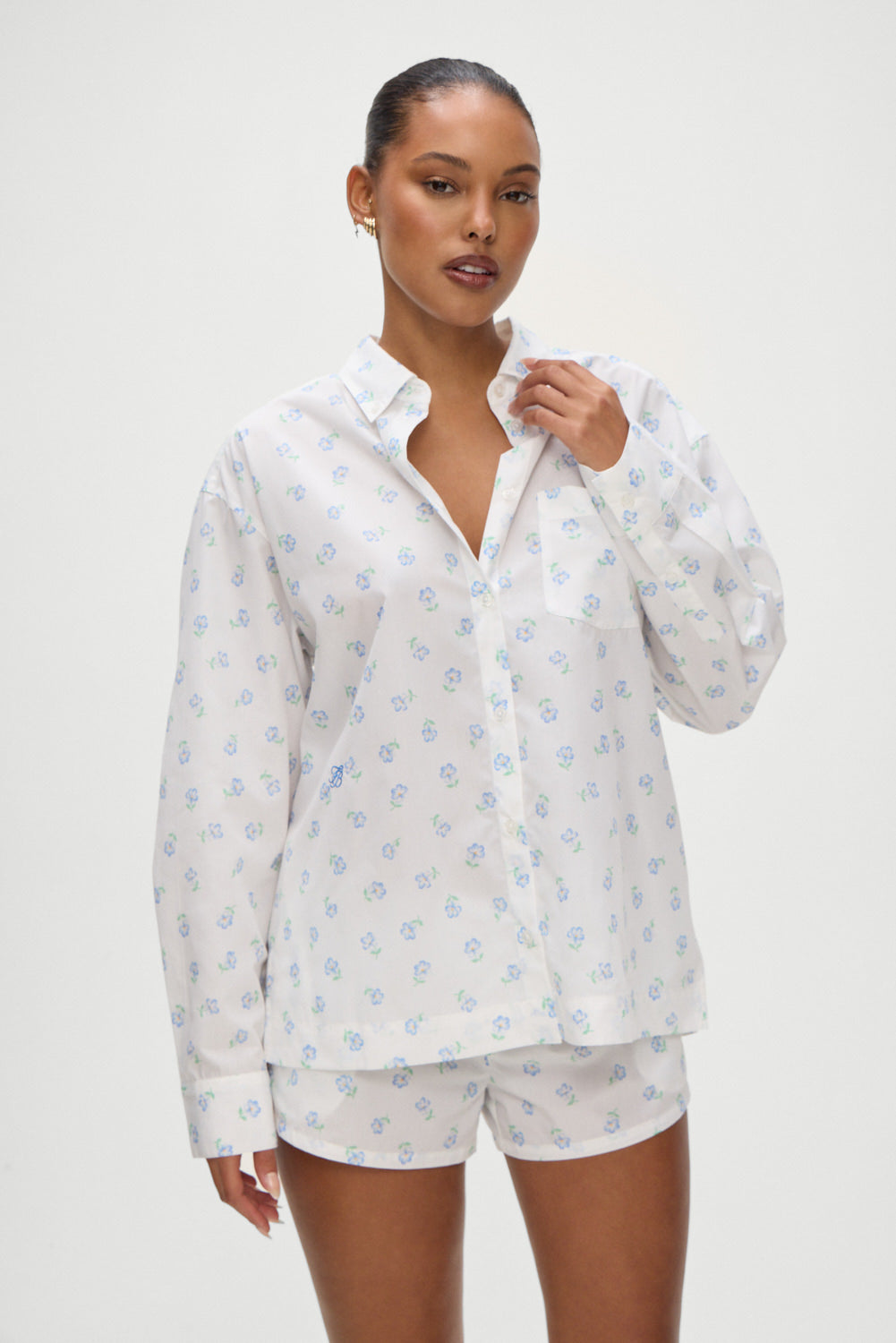 Ralph Poplin Sleep Shirt in Periwinkle  Blue and White Floral Print