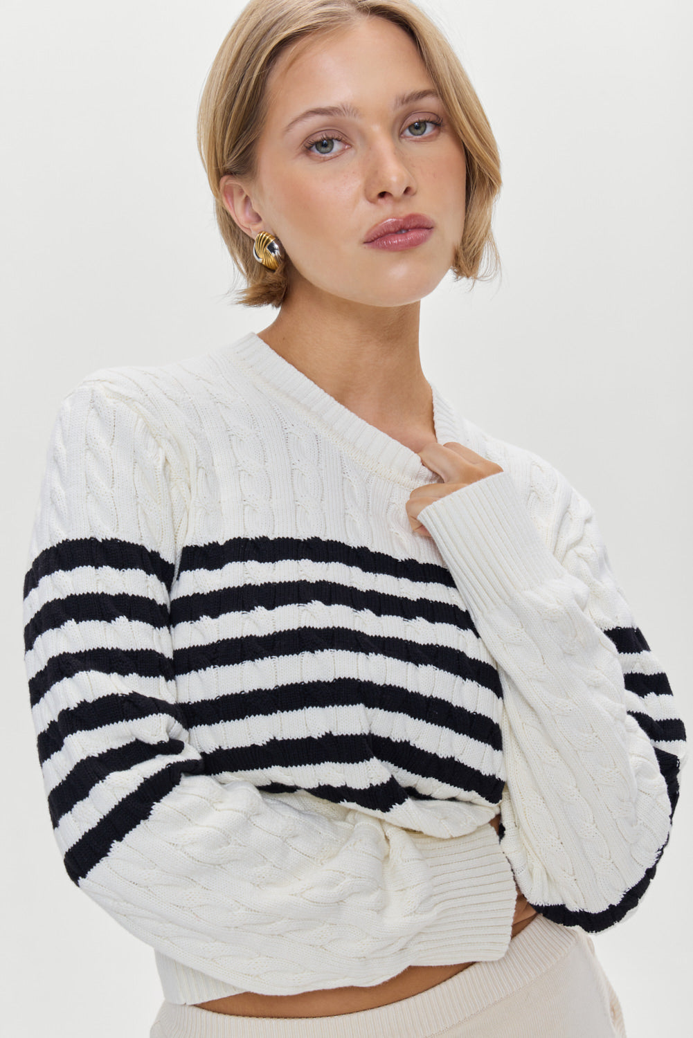 Varsity Striped Cable Knit Sweater Ivory