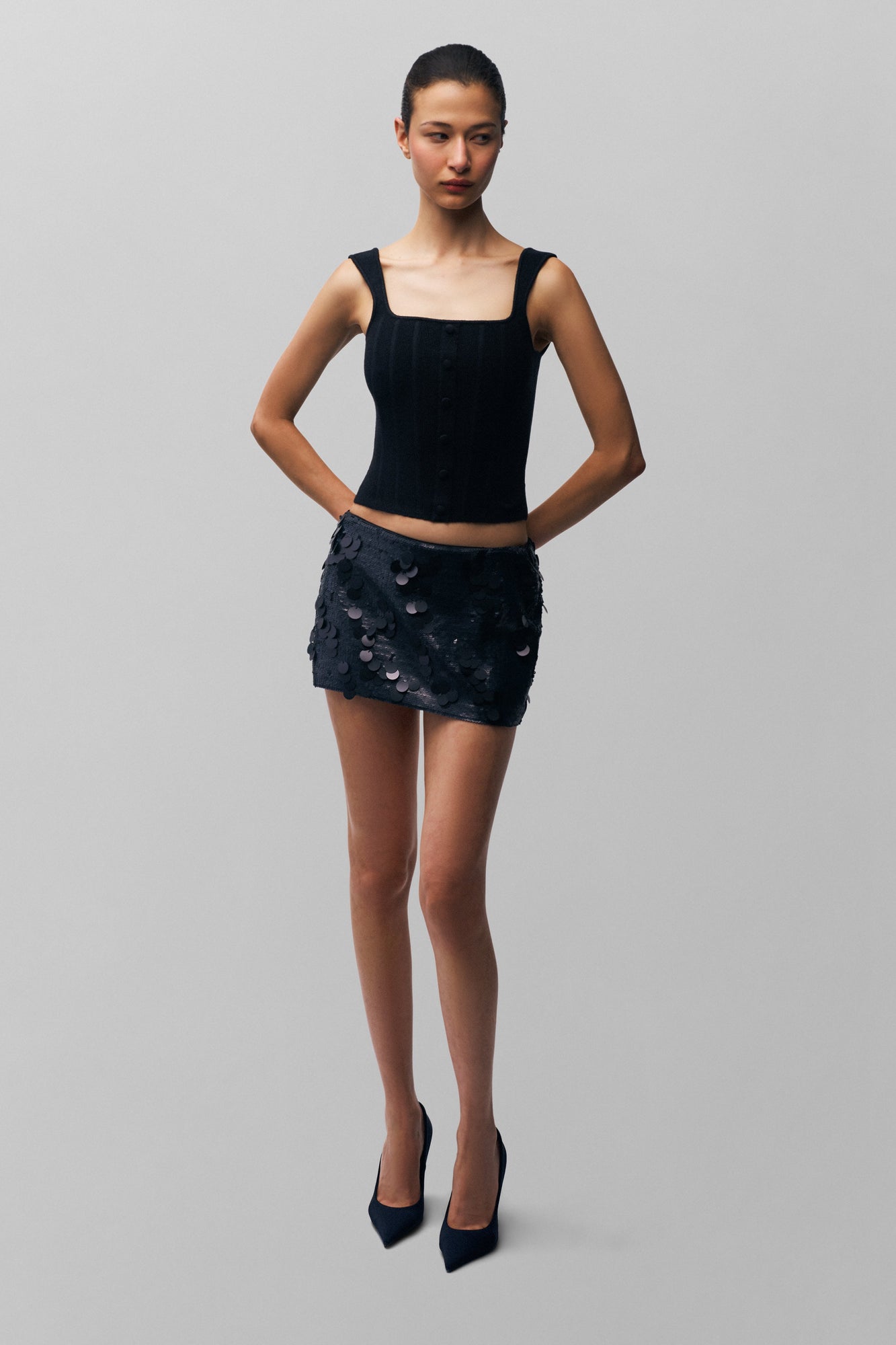Womens | Low Rise Paillette Skirt | Matte Black