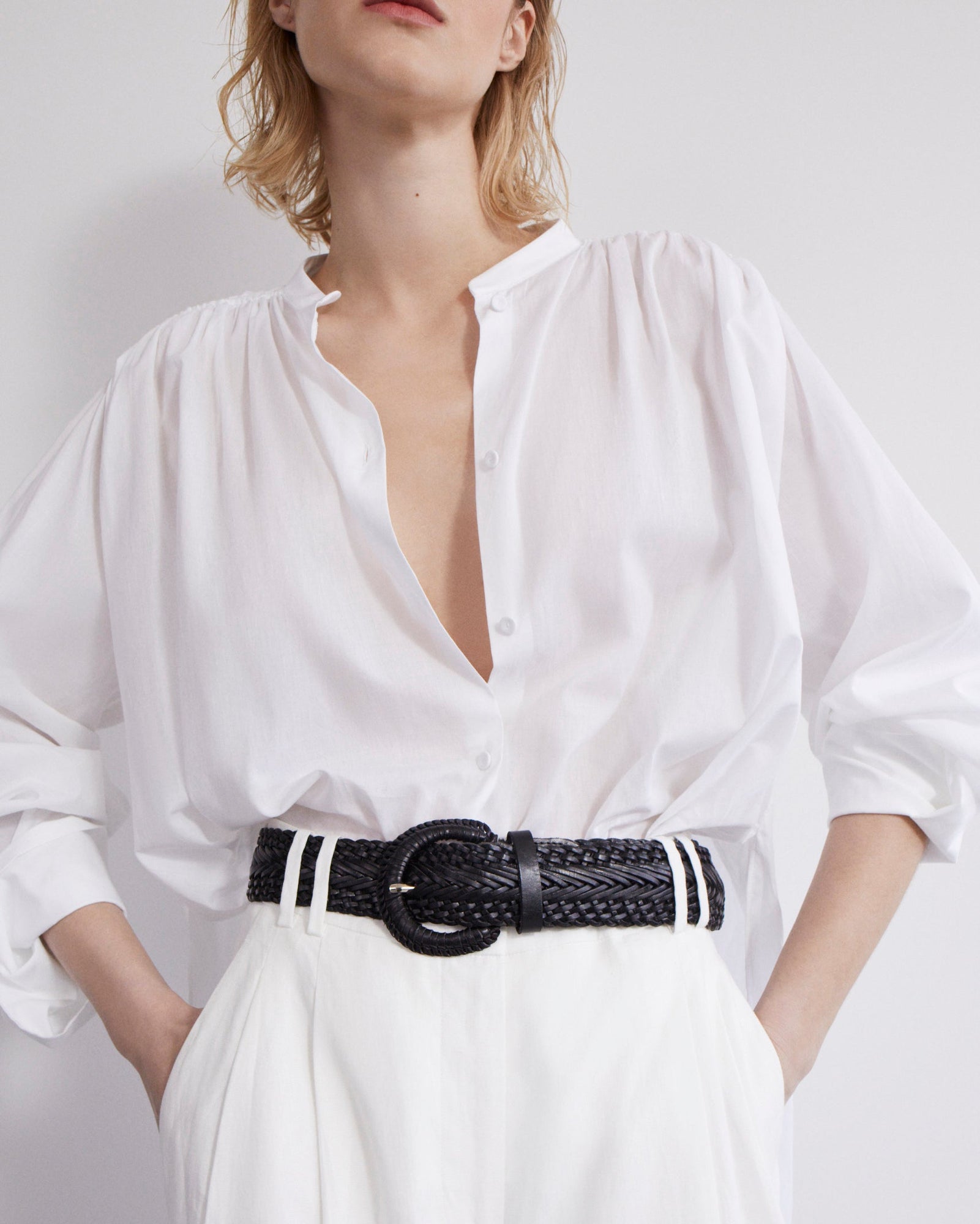 Another Tomorrow Gathered Voile Blouse in Off White – Cotton Women's Top