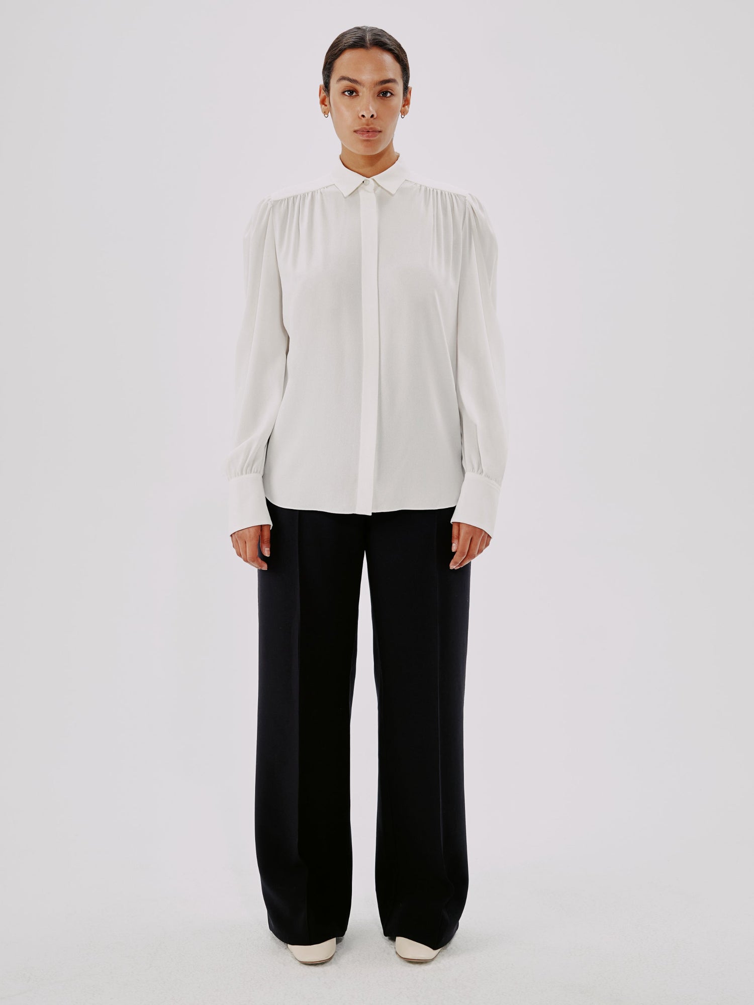 Another Tomorrow Gathered Blouse in White – Viscose Women's Top