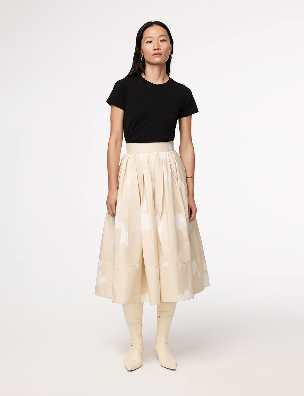 Another Tomorrow Gathered Circle Skirt in Khaki Floral – Cotton Women's Skirt