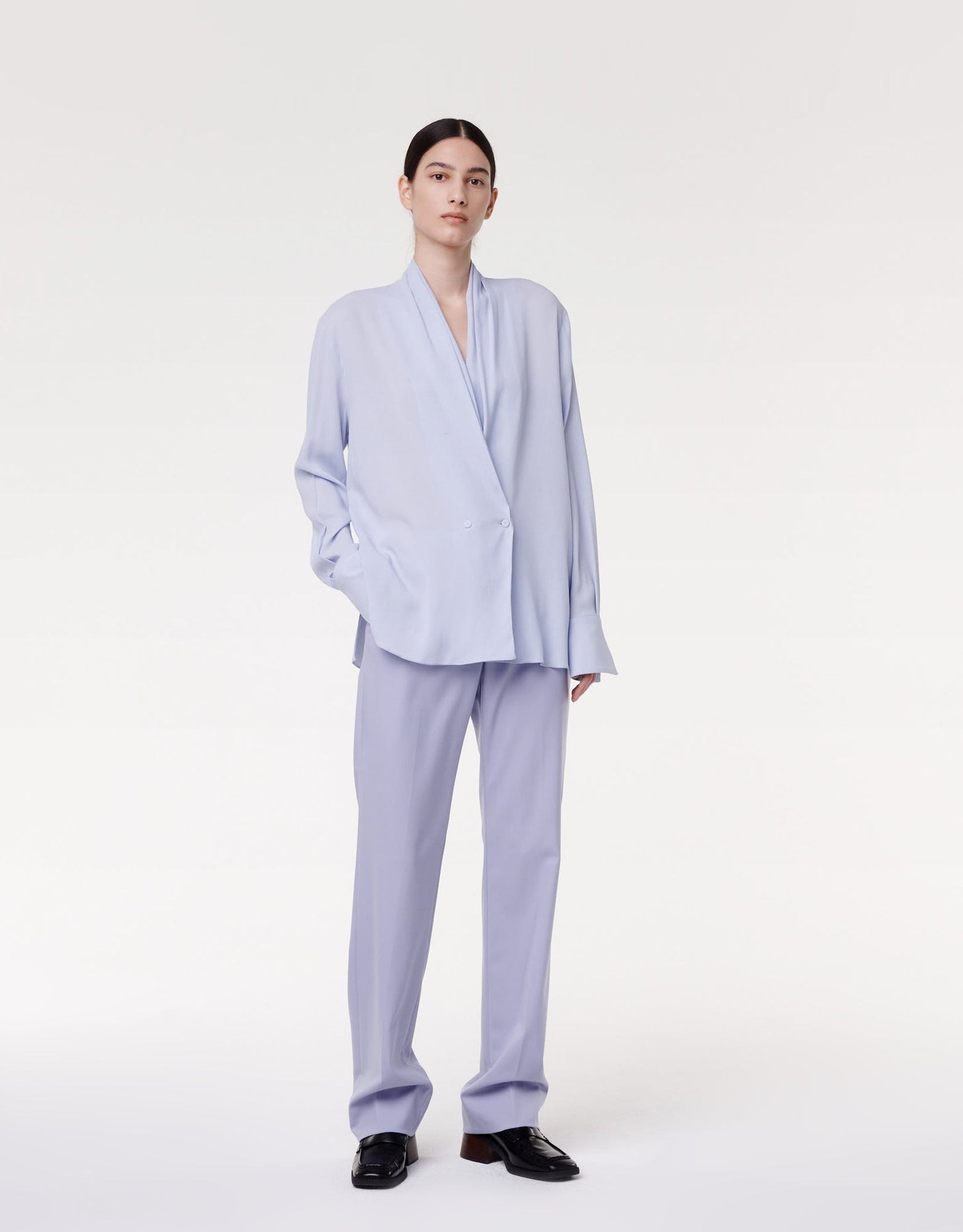 Another Tomorrow Gathered Neckline Blouse in Lilac – Viscose Women's Top