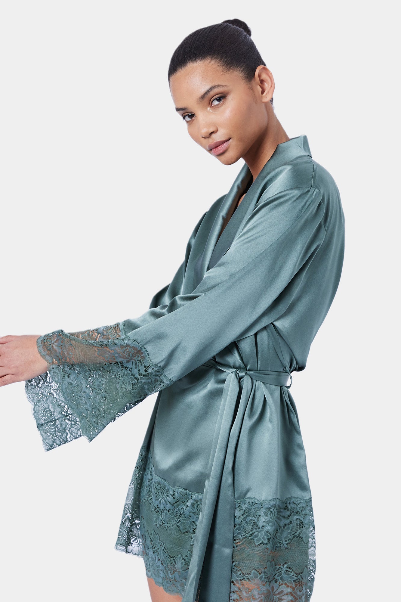 The Silk Lace Robe By GINIA In Moss