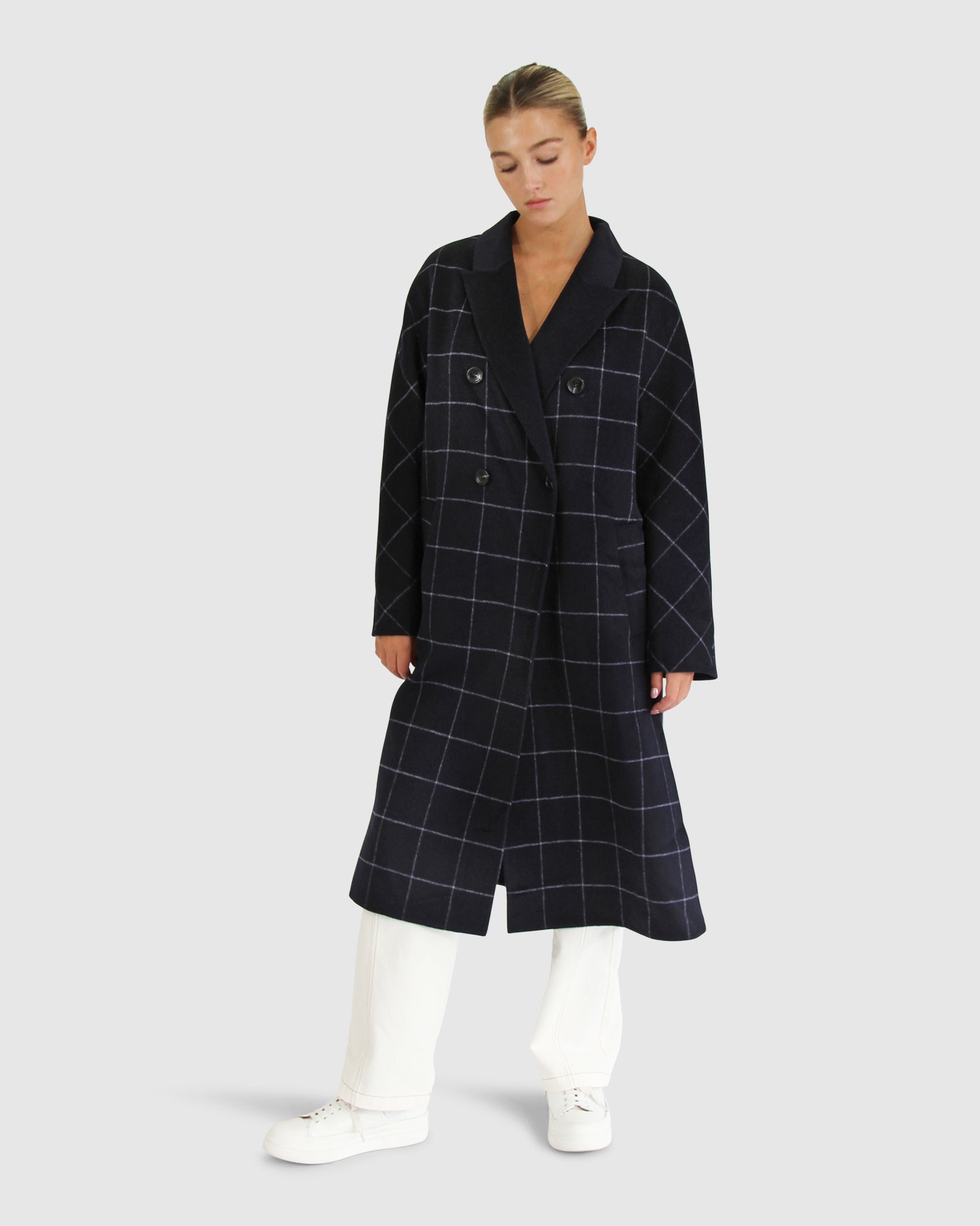 Guestlist Oversized Double Breasted Coat | Women | Navy Plaid