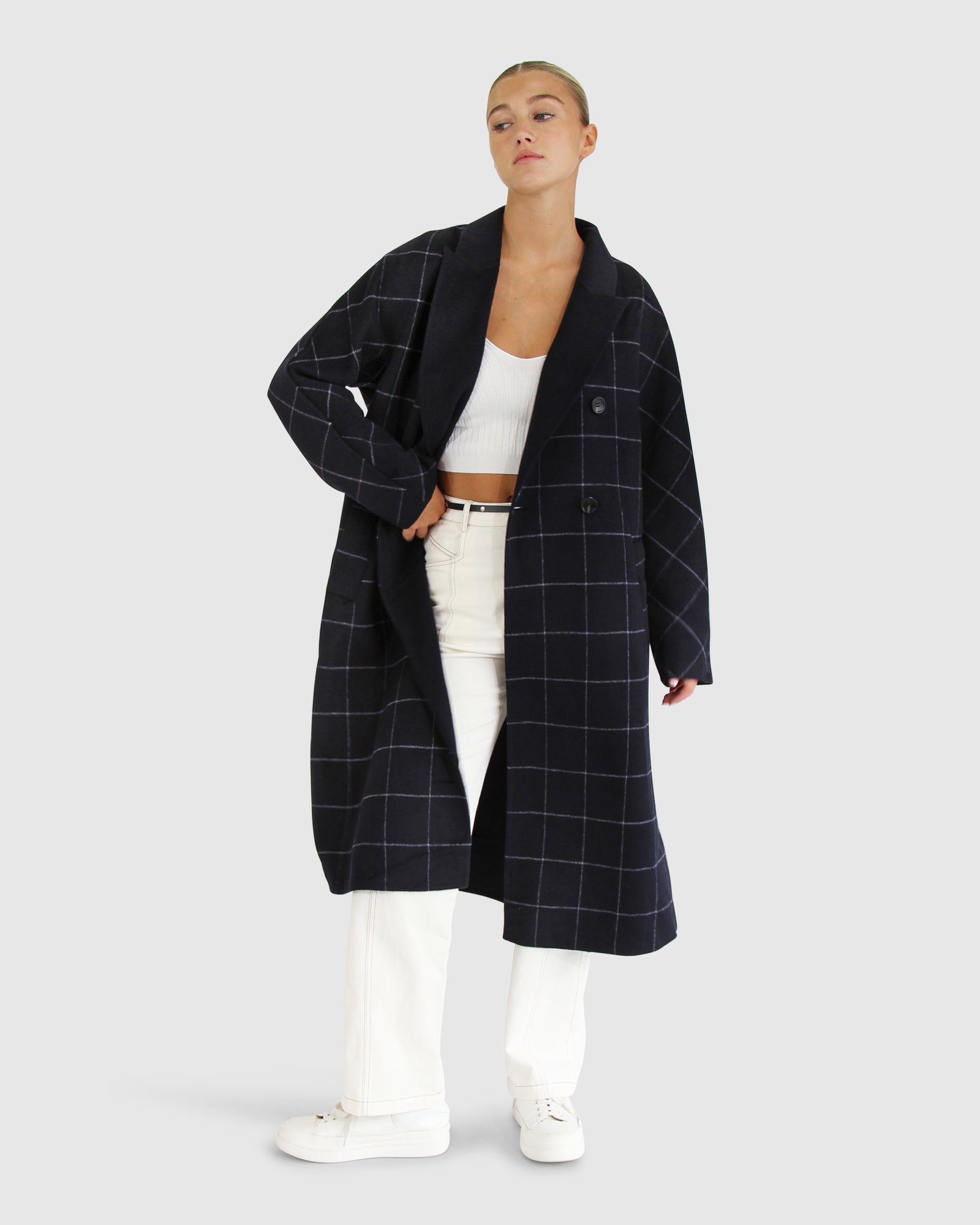 Guestlist Oversized Double Breasted Coat | Women | Navy Plaid