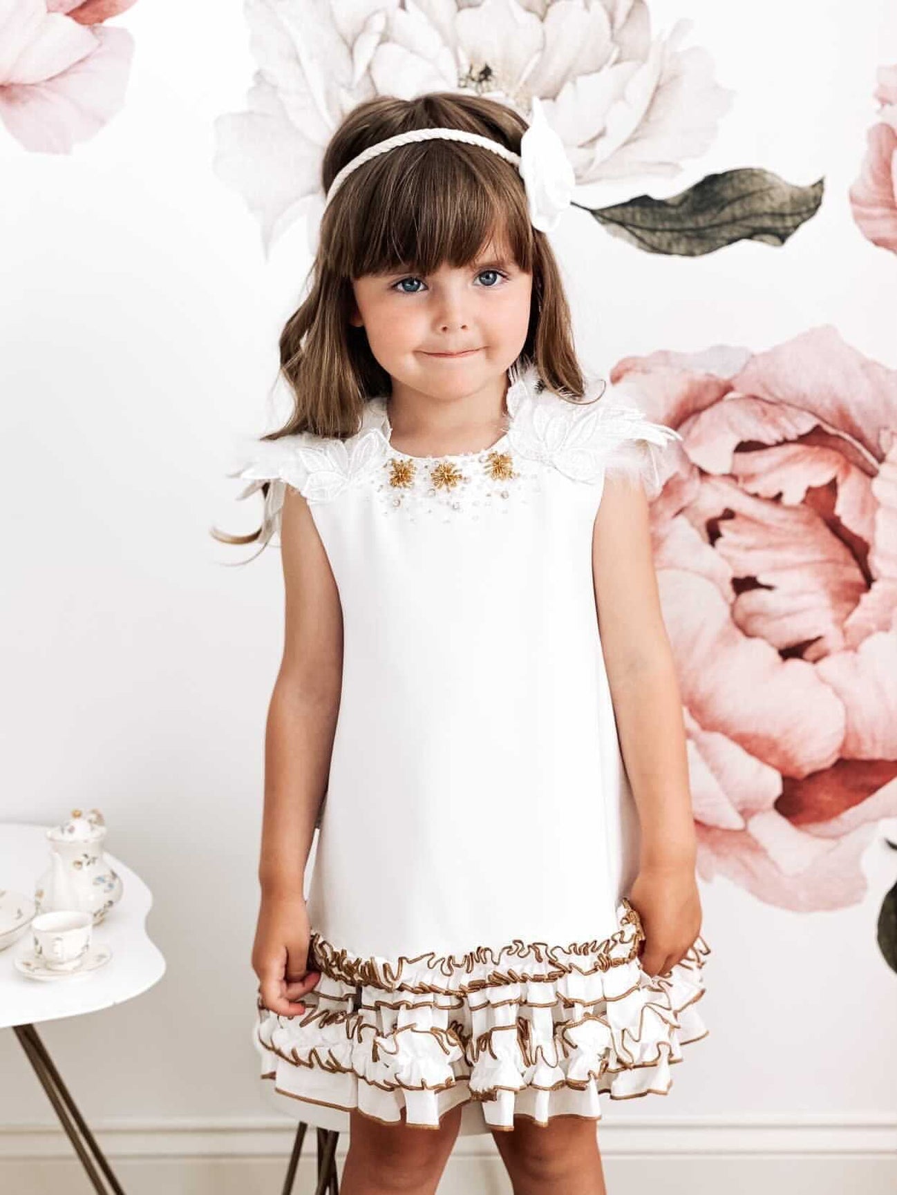 Girl | Angelina Feather Wings Dress | White x Gold