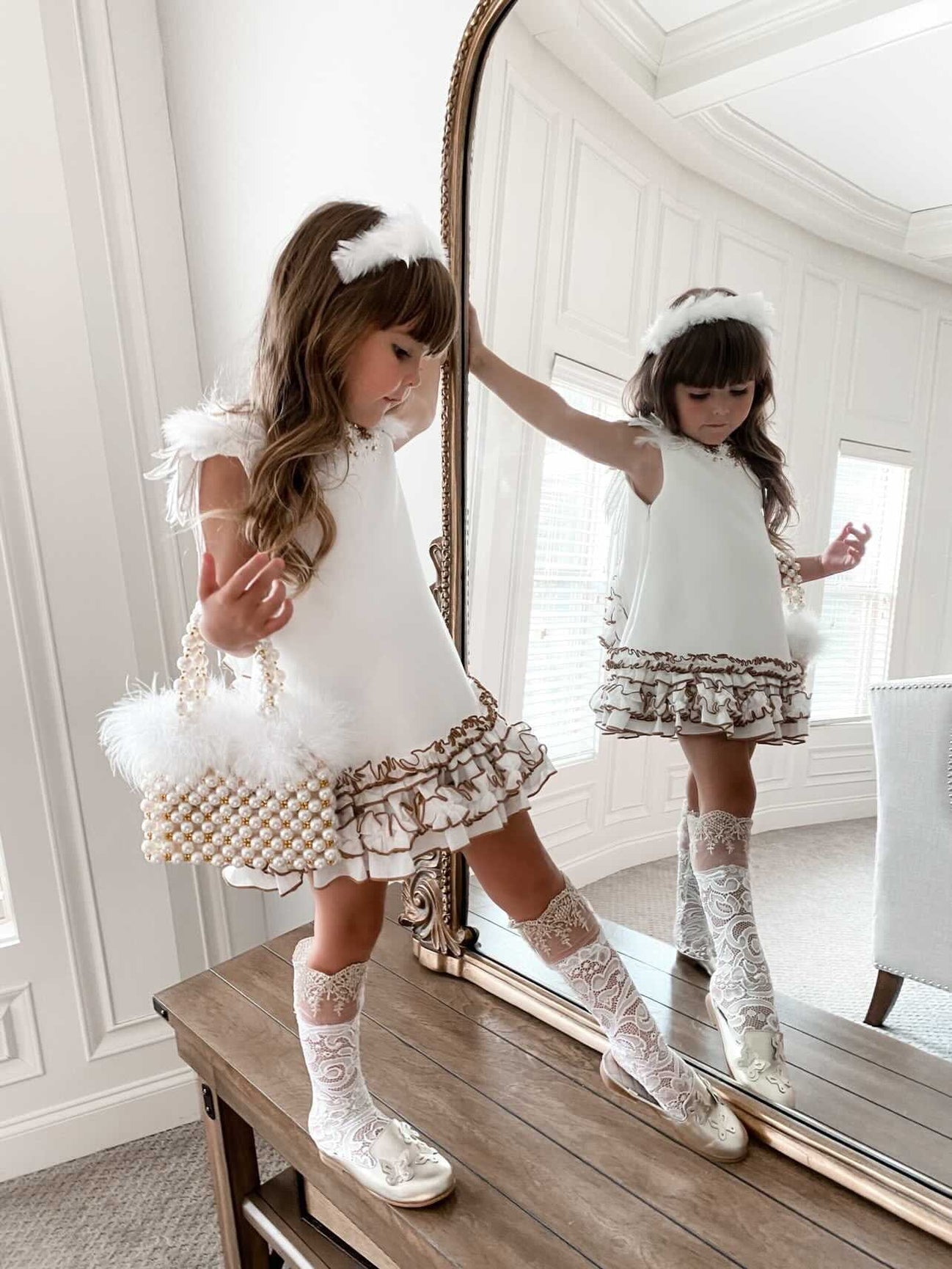 Girl | Angelina Feather Wings Dress | White x Gold