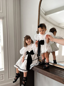 Girl | Aurora Ivory Velour Dress with Tulle Puff Sleeves