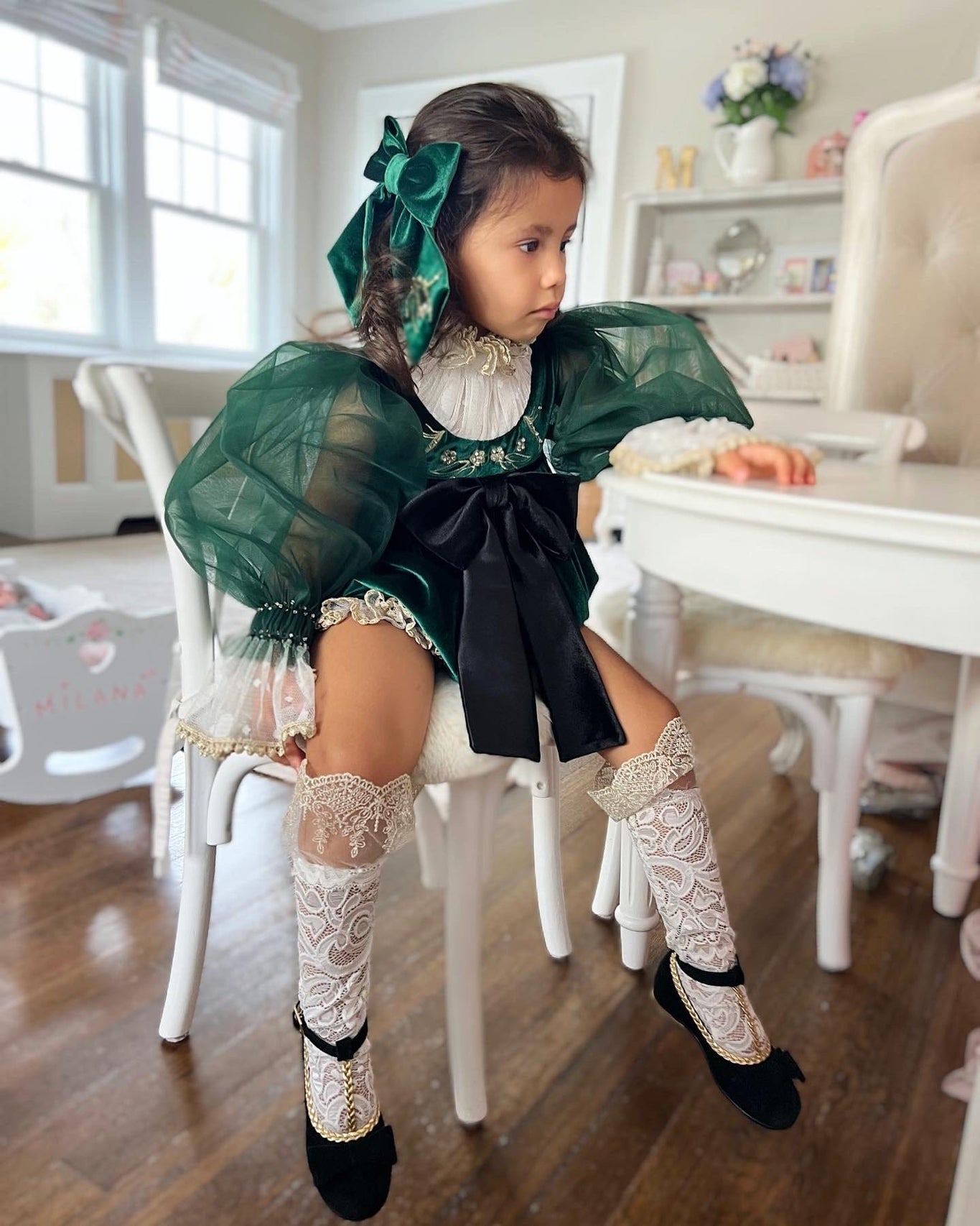 Girl | Aurora Royal Green Velour Romper