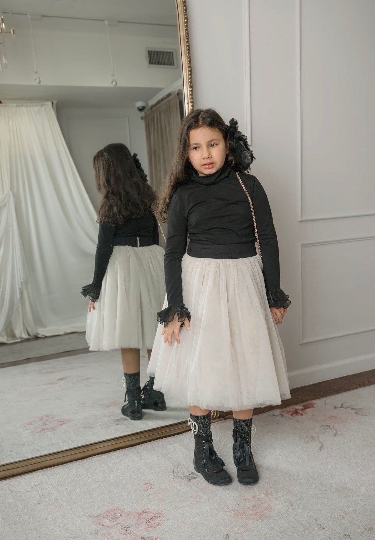 Girl | Black Cotton Turtleneck with Organza Sleeves