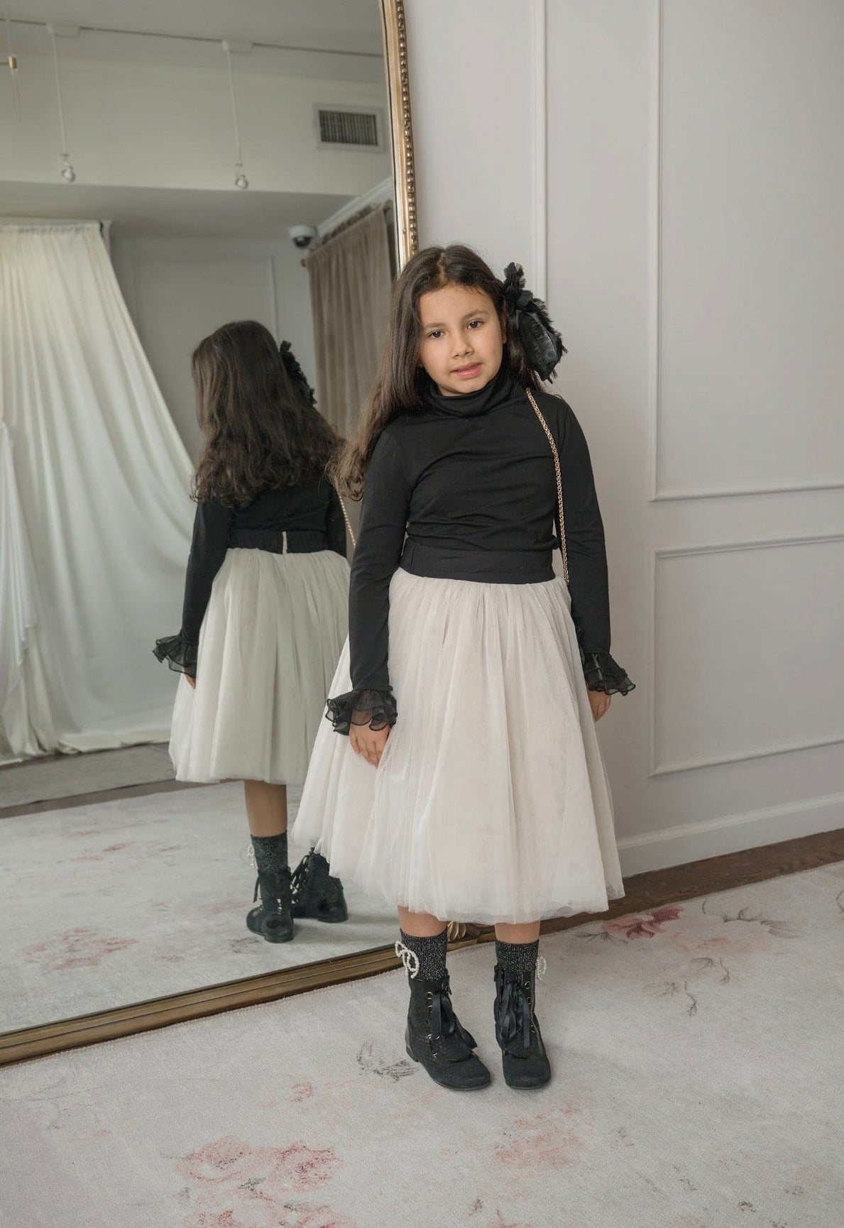 Girl | Black Cotton Turtleneck with Organza Sleeves