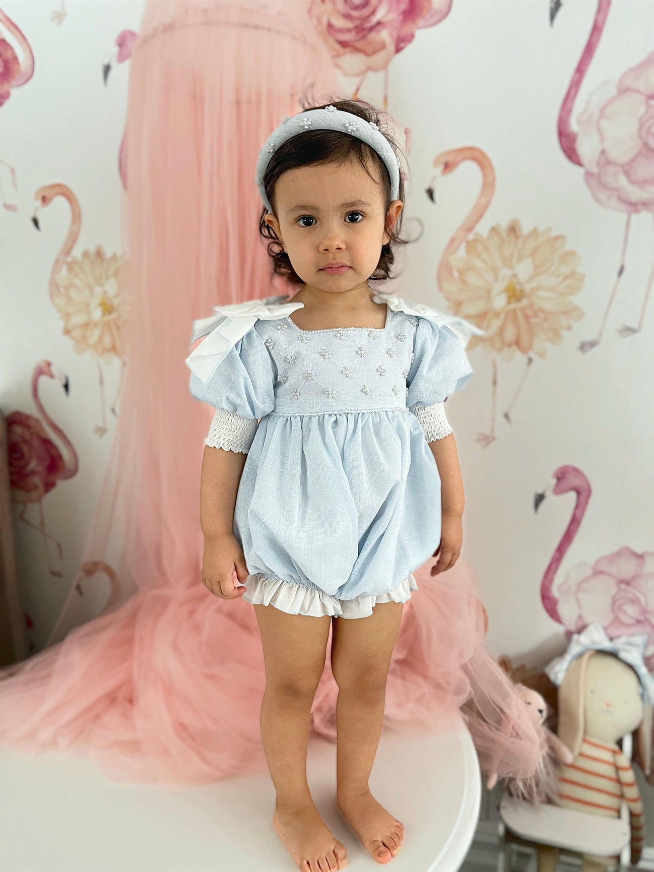 Girl | Charlotte Baby Linen Romper | Blue