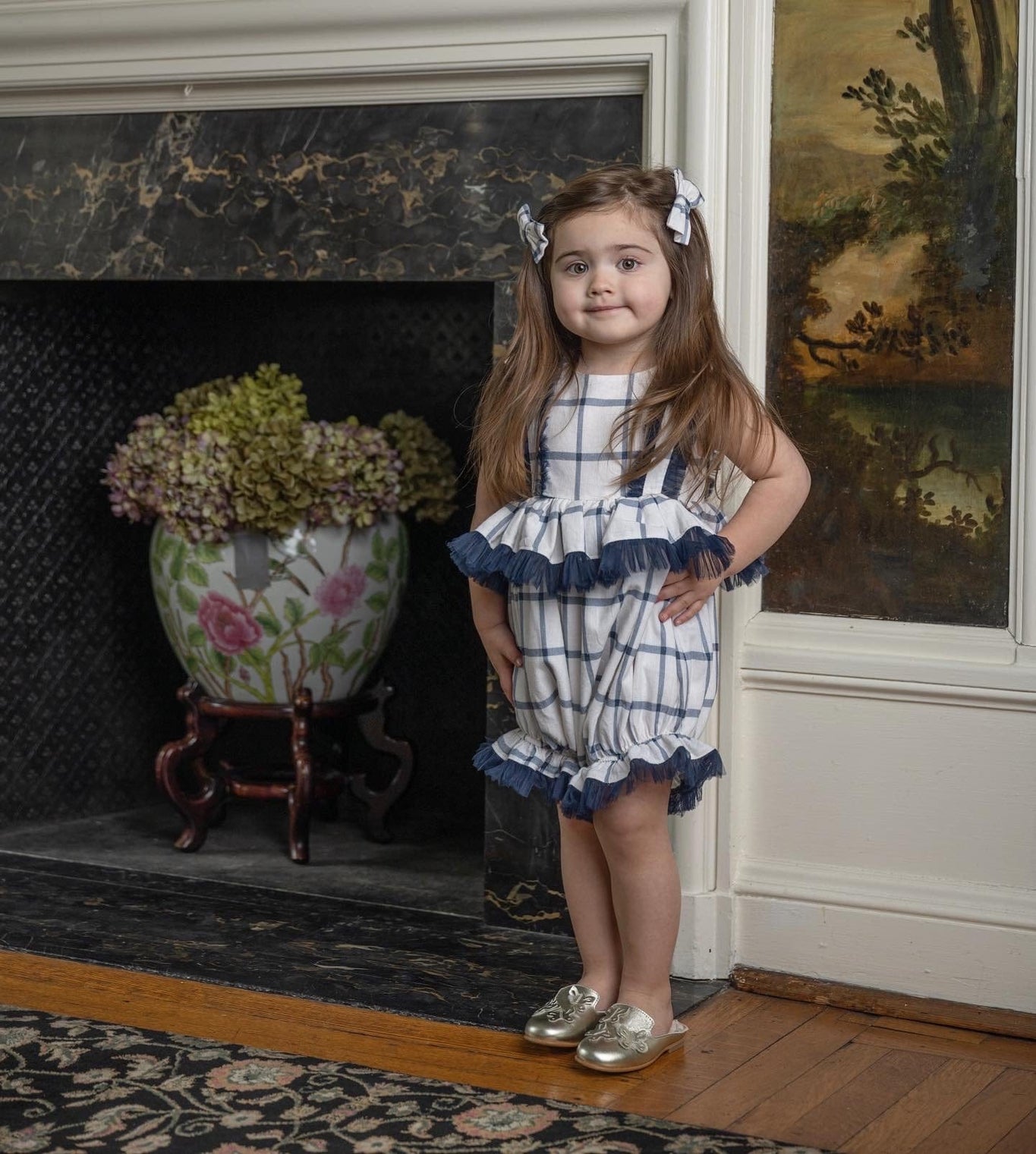 Girl | Checkered Linen Ruffle Romper | White x Navy