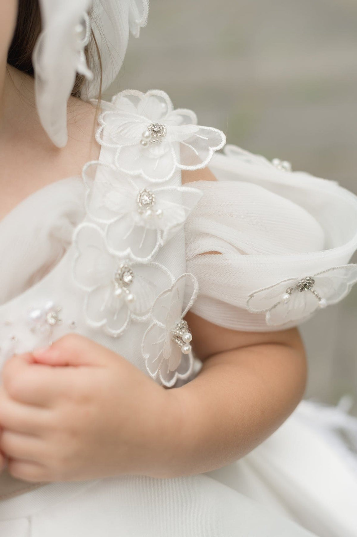 Girl | Constanza Ceremony Dress with Champagne Bow | White x Beige