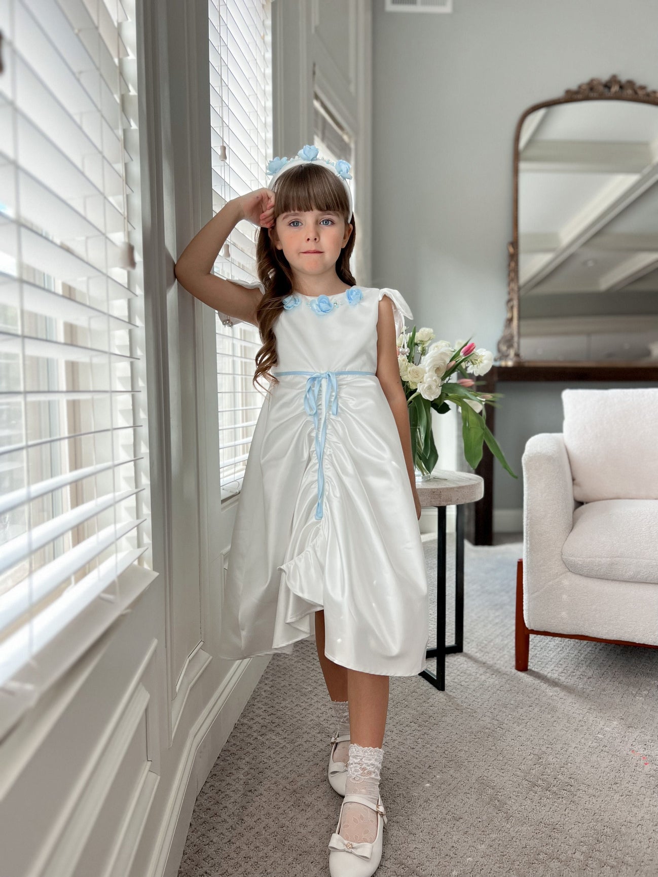 Girl | Daphne Satin Dress with Embroidery | White x Blue