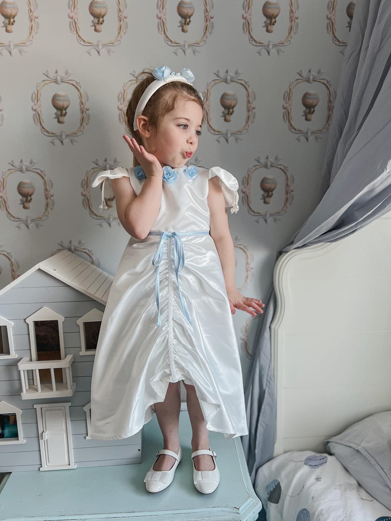 Girl | Daphne Satin Dress with Embroidery | White x Blue
