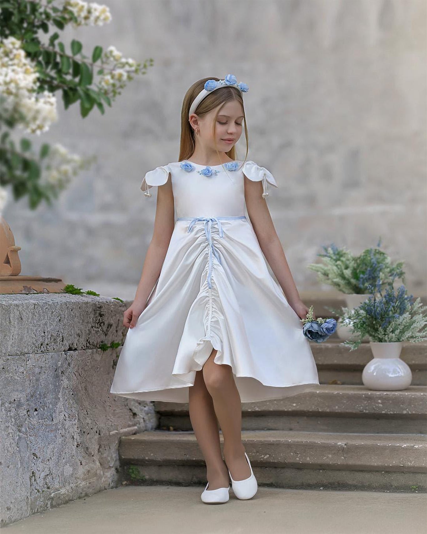 Girl | Daphne Satin Dress with Embroidery | White x Blue