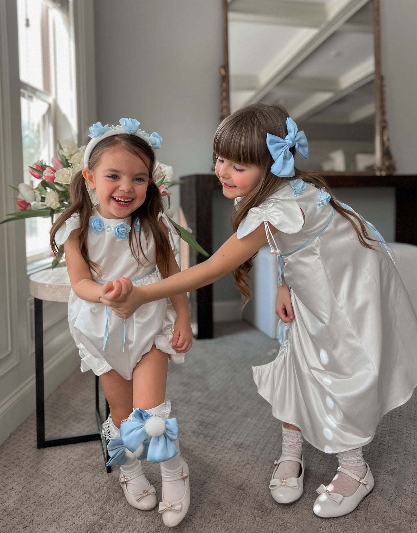 Girl | Daphne Satin Dress with Embroidery | White x Blue