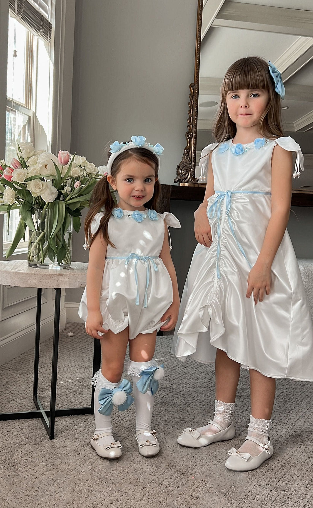Girl | Daphne Satin Dress with Embroidery | White x Blue