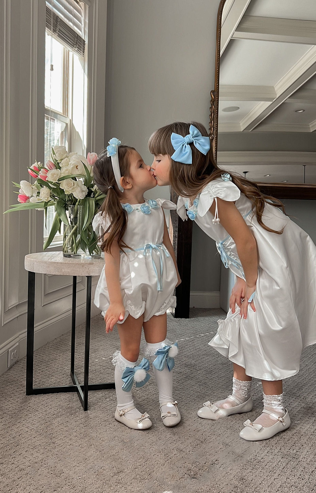 Girl | Daphne Satin Dress with Embroidery | White x Blue