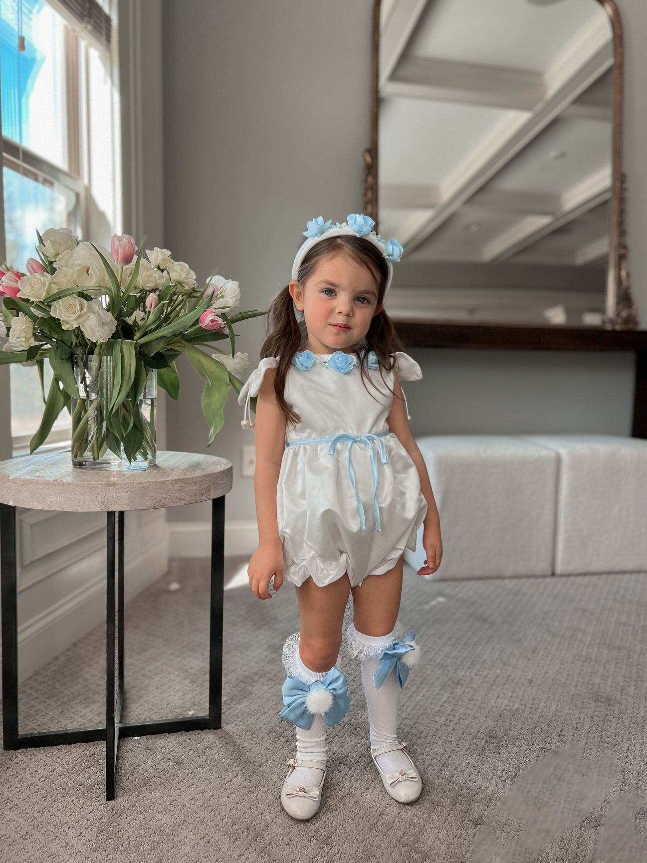 Girl | Daphne Satin Romper with Embroidery | White x Blue