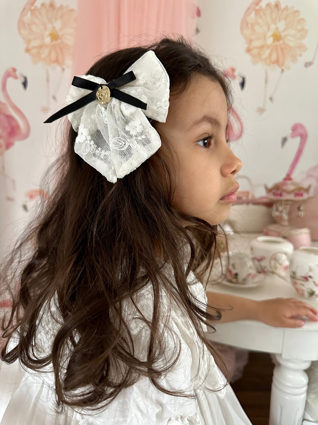 Girl | Embroidered Flower Hair Bows | White