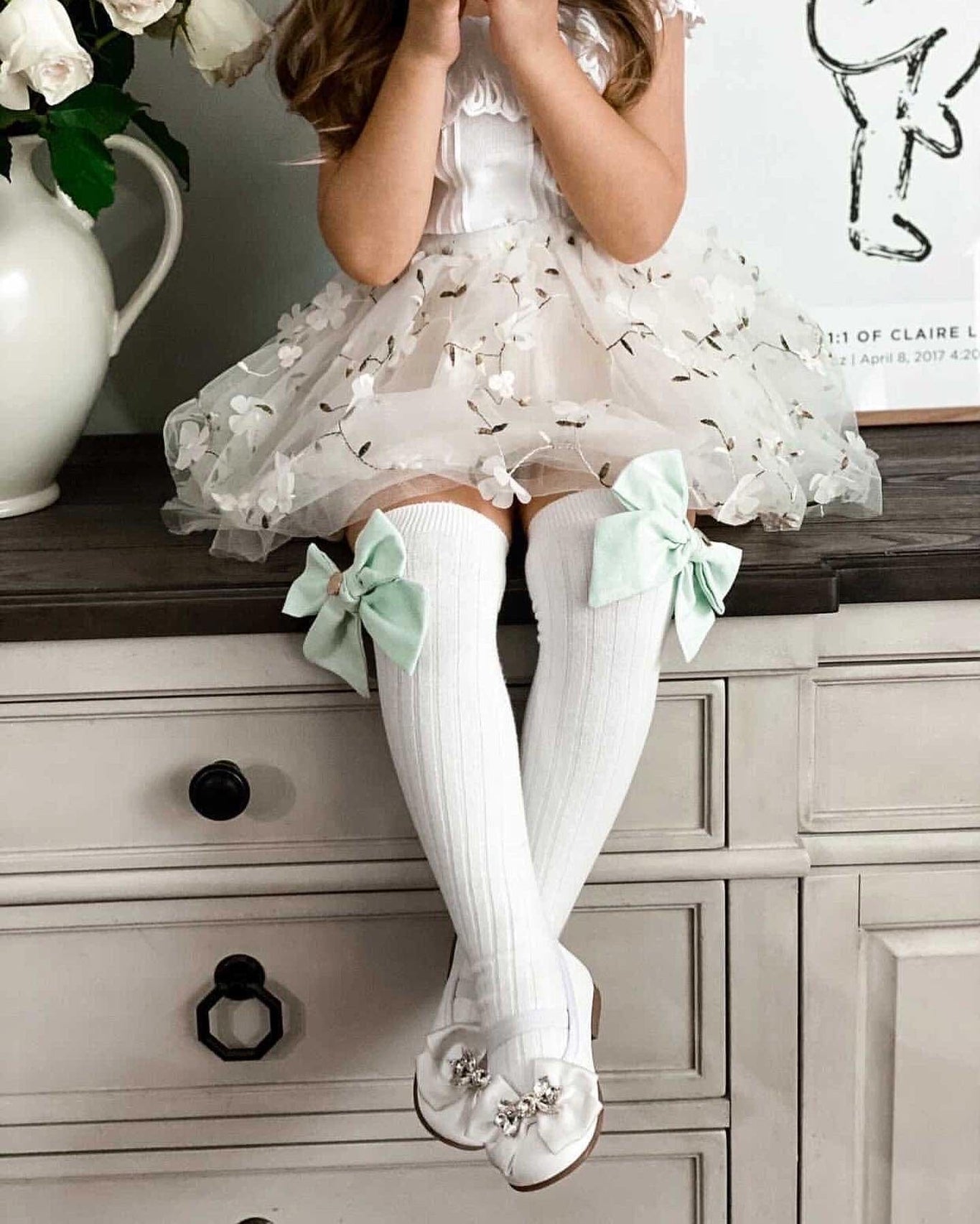 Girl | Emma Linen Bow Socks Eggshell Bow | White x Blue